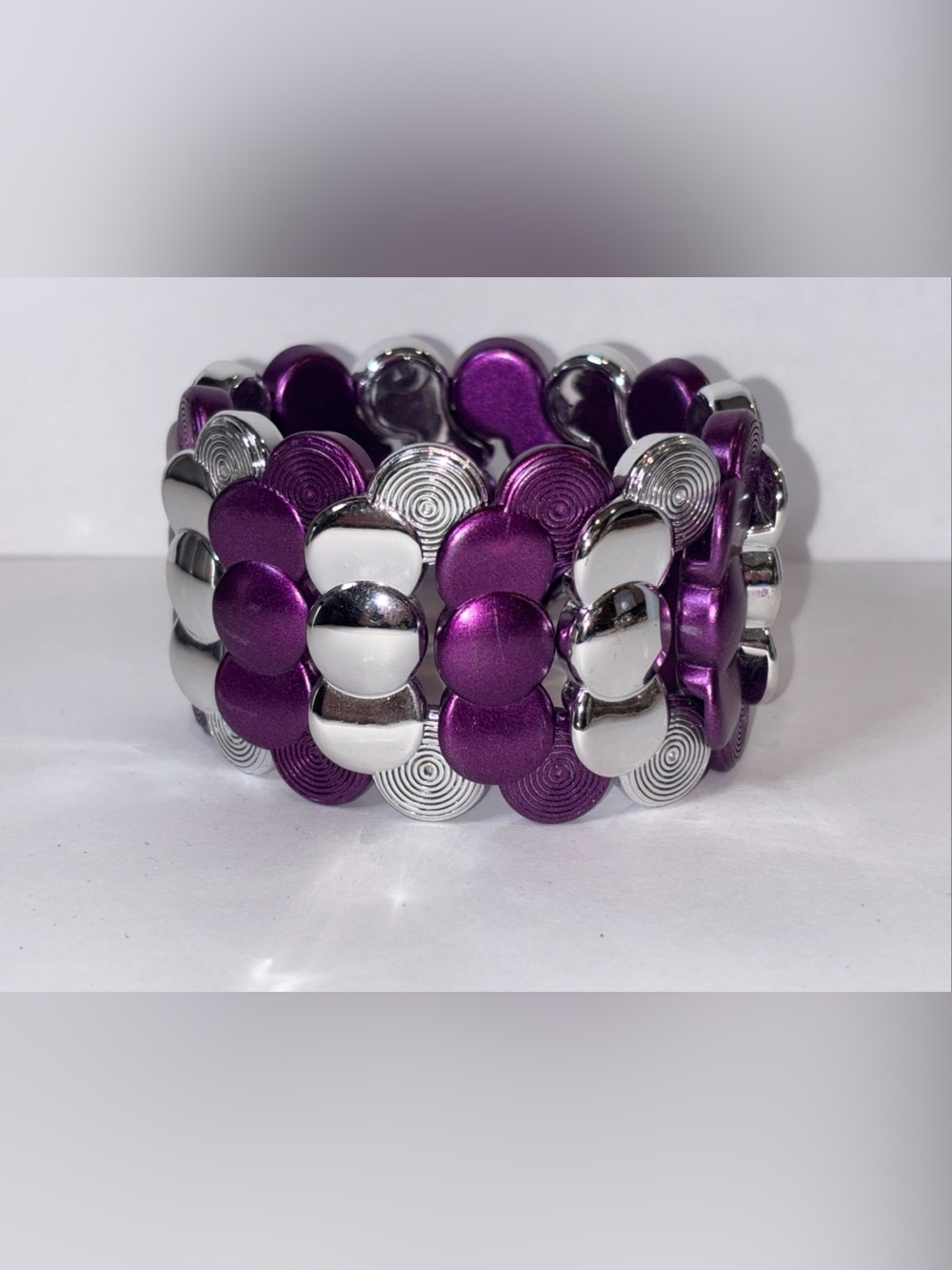 Wide‎ Purple Silver Disc Stretch Bracelet Statement Cuff Elastic Chunky Boho
